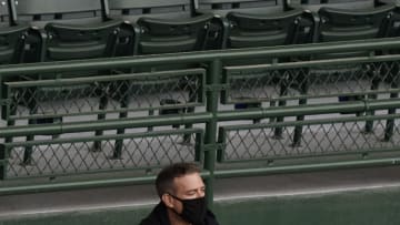 CHICAGO, ILLINOIS - SEPTEMBER 07: President of baseball operations Theo Epstein of the Chicago Cubs watches the game between the Chicago Cubs and the St. Louis Cardinals at Wrigley Field on September 07, 2020 in Chicago, Illinois. (Photo by Nuccio DiNuzzo/Getty Images)