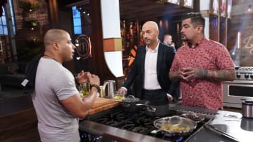 MASTERCHEF: L-R: Contestant with judges Aarón Sánchez and Joe Bastianich in the “Legends: Paula Dean - Auditions Round 3” airing Wednesday, June 16 (8:00-9:00 PM ET/PT) on FOX. © 2019 FOX MEDIA LLC. CR: FOX.