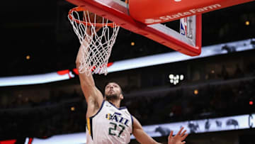 CHICAGO, ILLINOIS - MARCH 23: Rudy Gobert #27 of the Utah Jazz dunks the ball in the third quarter against the Chicago Bulls at the United Center on March 23, 2019 in Chicago, Illinois. NOTE TO USER: User expressly acknowledges and agrees that, by downloading and or using this photograph, User is consenting to the terms and conditions of the Getty Images License Agreement. (Photo by Dylan Buell/Getty Images)