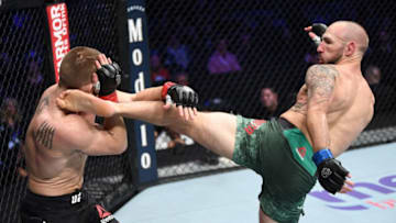 NEW YORK, NY - NOVEMBER 03: (R-L) Lando Vannata kicks Matt Frevola in their lightweight bout during the UFC 230 event inside Madison Square Garden on November 3, 2018 in New York, New York. (Photo by Jeff Bottari/Zuffa LLC/Zuffa LLC via Getty Images)