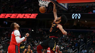 Dec 3, 2021; Washington, District of Columbia, USA; Cleveland Cavaliers center Jarrett Allen (31) dunks as Washington Wizards center Daniel Gafford (21) looks on during the first half at Capital One Arena. Mandatory Credit: Tommy Gilligan-USA TODAY Sports