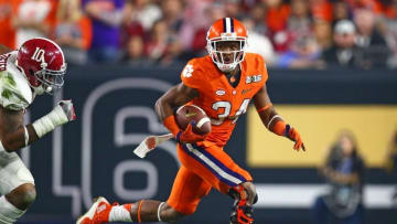 Jan 11, 2016; Glendale, AZ, USA; Clemson Tigers wide receiver Ray-Ray McCloud (34) against the Alabama Crimson Tide in the 2016 CFP National Championship at University of Phoenix Stadium. Mandatory Credit: Mark J. Rebilas-USA TODAY Sports