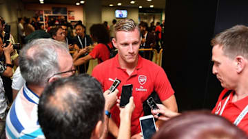 SINGAPORE - JULY 28: Bernd Leno #19 of Arsenal gives interviews during the International Champions Cup match between Arsenal and Paris Saint Germain at the National Stadium on July 28, 2018 in Singapore. (Photo by Thananuwat Srirasant/Getty Images for ICC)