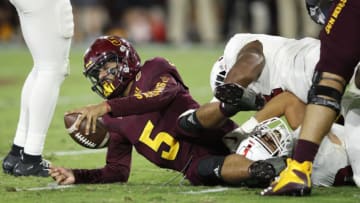 TEMPE, AZ - OCTOBER 18: Manny Wilkins #5 of the Arizona State Sun Devils gets sacked while trying to pass against the Stanford Cardinal in the fourth quarter of the game at Sun Devil Stadium on October 18, 2018 in Tempe, Arizona. Stanford won 20-13. (Photo by Joe Robbins/Getty Images)