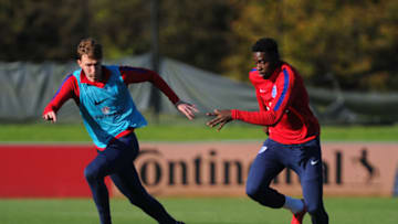 BURTON-UPON-TRENT, ENGLAND - NOVEMBER 08: Axel Tuanzebe (R) and Kieran Dowell (L) of England U21's during a training session at St Georges Park on November 8, 2017 in Burton-upon-Trent, England. (Photo by Nathan Stirk/Getty Images)
