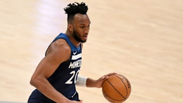 WASHINGTON, DC - FEBRUARY 27: Josh Okogie #20 of the Minnesota Timberwolves dribbles against the Washington Wizards during the first half at Capital One Arena on February 27, 2021 in Washington, DC. NOTE TO USER: User expressly acknowledges and agrees that, by downloading and or using this photograph, User is consenting to the terms and conditions of the Getty Images License Agreement. (Photo by Will Newton/Getty Images)