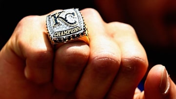 KANSAS CITY, MISSOURI - APRIL 05: A detail of a 2015 World Series Championship ring presented to Kansas City Royals players during a ring ceremony prior to the game between the Royals and the New York Mets at Kauffman Stadium on April 5, 2016 in Kansas City, Missouri. (Photo by Jamie Squire/Getty Images)