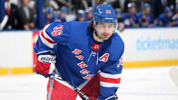 NEW YORK, NY - OCTOBER 23: Mats Zuccarello #36 of the New York Rangers looks on against the Florida Panthers at Madison Square Garden on October 23, 2018 in New York City. The New York Rangers won 5-2. (Photo by Jared Silber/NHLI via Getty Images)