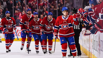 MONTREAL, QC - MARCH 23: Montreal Canadiens left wing Max Domi (13) celebrate his goal with his teammates at the bench during the Buffalo Sabres versus the Montreal Canadiens game on March 23, 2019, at Bell Centre in Montreal, QC (Photo by David Kirouac/Icon Sportswire via Getty Images)