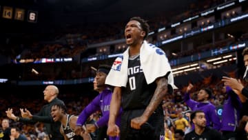 SAN FRANCISCO, CALIFORNIA - APRIL 23: Malik Monk #0 of the Sacramento Kings cheers on his team during the first half of Game Four of the Western Conference First Round Playoffs against the Golden State Warriors at Chase Center on April 23, 2023 in San Francisco, California. NOTE TO USER: User expressly acknowledges and agrees that, by downloading and or using this photograph, User is consenting to the terms and conditions of the Getty Images License Agreement. (Photo by Ezra Shaw/Getty Images)