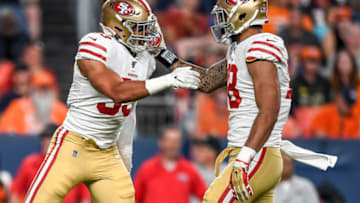DENVER, CO - AUGUST 19: Defensive end Jeremiah Valoaga #78 congratulates outside linebacker Mark Nzeocha #53 for a fourth quarter sack against the Denver Broncos during a preseason National Football League game at Broncos Stadium at Mile High on August 19, 2019 in Denver, Colorado. (Photo by Dustin Bradford/Getty Images)