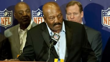 March 18, 2013; Phoenix, AZ, USA; Cleveland Browns former player Jim Brown speaks at a press conference during the annual NFL meetings at the Arizona Biltmore. Mandatory Credit: Casey Sapio-USA TODAY Sports