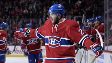 Oct 20, 2016; Montreal, Quebec, CAN; Montreal Canadiens forward Alex Galchenyuk (27) reacts after scoring a goal against the Arizona Coyotes during the second period at the Bell Centre. Mandatory Credit: Eric Bolte-USA TODAY Sports