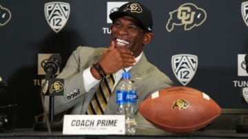 Colorado Buffaloes head coach Deion Sanders reacts during a press conference (Ron Chenoy-USA TODAY Sports)