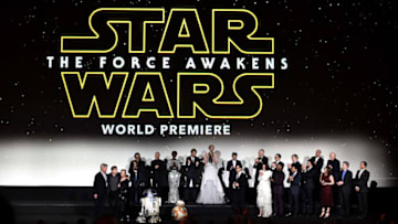 HOLLYWOOD, CA - DECEMBER 14: The cast and crew speak onstage during the World Premiere of Star Wars: The Force Awakens at the Dolby, El Capitan, and TCL Theatres on December 14, 2015 in Hollywood, California. (Photo by Alberto E. Rodriguez/Getty Images for Disney)