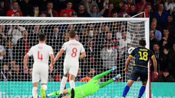 SOUTHAMPTON, ENGLAND - SEPTEMBER 10: Vedat Muriqi of Kosovo scores his sides third goal from the penalty spot during the UEFA Euro 2020 qualifier match between England and Kosovo at St. Mary's Stadium on September 10, 2019 in Southampton, England. (Photo by Clive Mason/Getty Images)