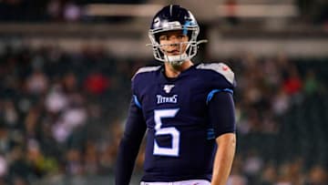 PHILADELPHIA, PA - AUGUST 08: Logan Woodside #5 of the Tennessee Titans looks on against the Philadelphia Eagles during the fourth quarter of a preseason game at Lincoln Financial Field on August 8, 2019 in Philadelphia, Pennsylvania. The Titans defeated the Eagles 27-10. (Photo by Corey Perrine/Getty Images)