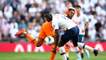LONDON, ENGLAND - AUGUST 25: Joelinton of Newcastle United and Davinson Sanchez of Tottenham Hotspur wacth the ball during the Premier League match between Tottenham Hotspur and Newcastle United at Tottenham Hotspur Stadium on August 25, 2019 in London, United Kingdom. (Photo by Julian Finney/Getty Images)