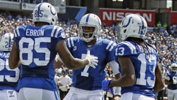 NASHVILLE, TENNESSEE - SEPTEMBER 15: Quarterback Jacoby Brissett #7 of the Indianapolis Colts celebrates with teammate Eric Ebron #85 on a touchdown against the Tennessee Titans during the first half at Nissan Stadium on September 15, 2019 in Nashville, Tennessee. (Photo by Frederick Breedon/Getty Images)