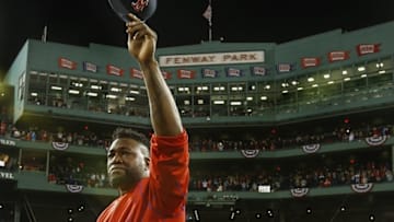Oct 10, 2016; Boston, MA, USA; Boston Red Sox designated hitter David Ortiz (34) salutes the fans after loosing to the Cleveland Indians 3-4 in game three of the 2016 ALDS playoff baseball series at Fenway Park. Mandatory Credit: Greg M. Cooper-USA TODAY Sports