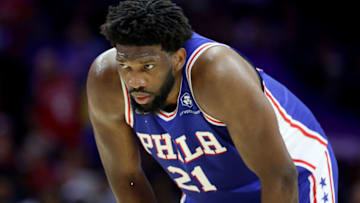 PHILADELPHIA, PENNSYLVANIA - MAY 07: Joel Embiid #21 of the Philadelphia 76ers looks on against the Boston Celtics during the fourth quarter in game four of the Eastern Conference Second Round Playoffs at Wells Fargo Center on May 07, 2023 in Philadelphia, Pennsylvania. NOTE TO USER: User expressly acknowledges and agrees that, by downloading and or using this photograph, User is consenting to the terms and conditions of the Getty Images License Agreement. (Photo by Tim Nwachukwu/Getty Images)