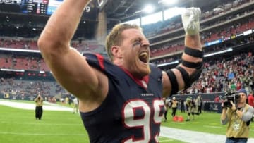 Jan 3, 2016; Houston, TX, USA; Houston Texans defensive end J.J. Watt (99) celebrates defeating the Jacksonville Jaguars 30-6 to win the AFC South Division at NRG Stadium. Mandatory Credit: Kirby Lee-USA TODAY Sports