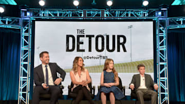 PASADENA, CA - JANUARY 07: (L-R) Executive producer/actor Jason Jones, actors Natalie Zea, Ashley Gerasimovich and Liam Carroll of 'The Detour' speak onstage during the 2016 TCA Turner Winter Press Tour Presentation at the Langham Hotel on January 7, 2016 in Pasadena, California. 25807_001 (Photo by Charley Gallay/Getty Images for Turner)