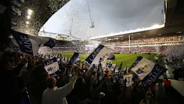 LONDON, ENGLAND - MAY 14: General view inside the stadium as Tottenham Hotspur fans celebrate after Preimer League match between Tottenham Hotspur and Manchester United at White Hart Lane on May 14, 2017 in London, England. Tottenham Hotspur are playing their last ever home match at White Hart Lane after their 112 year stay at the stadium. Spurs will play at Wembley Stadium next season with a move to a newly built stadium for the 2018-19 campaign. (Photo by Richard Heathcote/Getty Images )