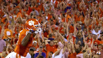 Oct 1, 2016; Clemson, SC, USA; Clemson Tigers wide receiver Deon Cain (8) reacts after a touchdown during the second quarter against the Louisville Cardinals at Clemson Memorial Stadium. Mandatory Credit: Joshua S. Kelly-USA TODAY Sports