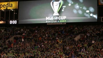 22 November 2009: Seattle Sounders FC fans hold up the scarves before the game as the video board displays the MLS Cup 2009 logo. Real Salt Lake defeated the Los Angeles Galaxy 5-4 on penalty kicks after the teams played to a 1-1 overtime tie at Qwest Field in Seattle, Washington in MLS Cup 2009, Major League Soccer's championship game. (Photo by Andy Mead/YCJ/Icon SMI/Icon Sport Media via Getty Images)