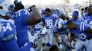 DURHAM, NC - NOVEMBER 10: The Duke Blue Devils celebrate after defeating the North Carolina Tar Heels 42-35 after their game at Wallace Wade Stadium on November 10, 2018 in Durham, North Carolina. (Photo by Streeter Lecka/Getty Images)