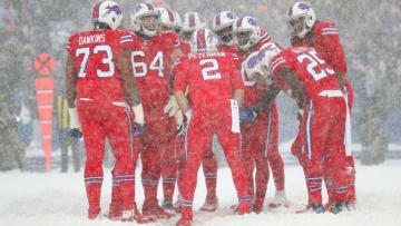 ORCHARD PARK, NY - DECEMBER 10: The Buffalo Bills offense huddles during the third quarter against the Indianapolis Colts on December 10, 2017 at New Era Field in Orchard Park, New York. (Photo by Brett Carlsen/Getty Images)