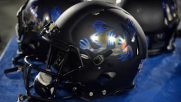 Nov 14, 2015; Pasadena, CA, USA; General view of black UCLA helmet with Navy SEAL emblem during the NCAA football game against the Washington State Cougars in a NCAA football game at Rose Bowl. Washington State defeated UCLA 31-27. Mandatory Credit: Kirby Lee-USA TODAY Sports