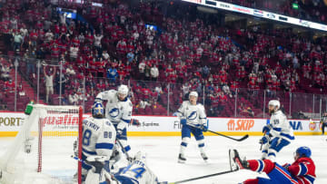 MONTREAL, QUEBEC - JULY 05: Josh Anderson #17 of the Montreal Canadiens scores the game-winning goal past Andrei Vasilevskiy #88 of the Tampa Bay Lightning to give his team the 3-2 win during the first overtime period in Game Four of the 2021 NHL Stanley Cup Final at the Bell Centre on July 05, 2021 in Montreal, Quebec, Canada. (Photo by Minas Panagiotakis/Getty Images)