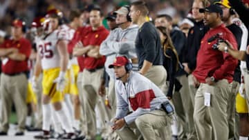 SOUTH BEND, IN - OCTOBER 21: Head coach Clay Helton of the USC Trojans reacts after a missed field goal in the second quarter of a game against the Notre Dame Fighting Irish at Notre Dame Stadium on October 21, 2017 in South Bend, Indiana. (Photo by Joe Robbins/Getty Images)