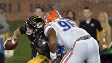 Oct 10, 2015; Columbia, MO, USA; Missouri Tigers quarterback Drew Lock (3) is sacked by Florida Gators defensive lineman Cece Jefferson (96) during the second half at Faurot Field. Florida won 21-3. Mandatory Credit: Denny Medley-USA TODAY Sports