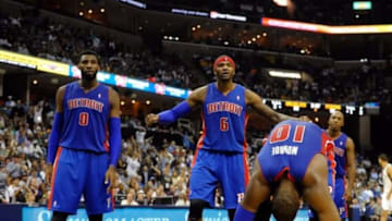 Nov 1, 2013; Memphis, TN, USA; Detroit Pistons center Andre Drummond (0) Detroit Pistons small forward Josh Smith (6) and Detroit Pistons center Greg Monroe (10) react to call against Memphis Grizzlies during the second half at FedExForum. Memphis Grizzlies beat the Detroit Pistons 111 to 108. Mandatory Credit: Justin Ford-USA TODAY Sports