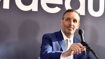 US businessman, President of the GACP investment fund and new owner of the Girondins de Bordeaux football club, Joseph DaGrosa gives a press conference introducing the club's new president Frederic Longuepee (unseen) at the club's headquarters in Le Haillan, southwestern France, on November 8, 2018. (Photo by NICOLAS TUCAT / AFP) (Photo credit should read NICOLAS TUCAT/AFP via Getty Images)