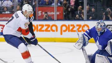 TORONTO, ON - FEBRUARY 20: Florida Panthers center Colton Sceviour (7) gets in tight on Toronto Maple Leafs goaltender Frederik Andersen (31) but is stopped. Toronto Maple Leafs VS Florida Panthers during 2nd period action in NHL regular season play at the Air Canada Centre. Toronto Star/Rick Madonik (Rick Madonik/Toronto Star via Getty Images)