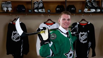 DALLAS, TX - JUNE 22: Ty Dellandrea poses for a portrait after being selected thirteenth overall by the Dallas Stars during the first round of the 2018 NHL Draft at American Airlines Center on June 22, 2018 in Dallas, Texas. (Photo by Jeff Vinnick/NHLI via Getty Images)