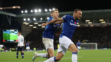 LIVERPOOL, ENGLAND - NOVEMBER 03: Cenk Tosun of Everton celebrates after scoring his sides first goal during the Premier League match between Everton FC and Tottenham Hotspur at Goodison Park on November 03, 2019 in Liverpool, United Kingdom. (Photo by Jan Kruger/Getty Images)