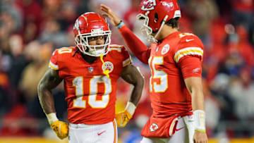 Kansas City Chiefs running back Isiah Pacheco (10) is congratulated by quarterback Patrick Mahomes (15) during the second half against the Los Angeles Rams at GEHA Field at Arrowhead Stadium. Mandatory Credit: Jay Biggerstaff-USA TODAY Sports