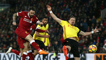 LIVERPOOL, ENGLAND - MARCH 17: Danny Ings of Liverpool shoots and misses during the Premier League match between Liverpool and Watford at Anfield on March 17, 2018 in Liverpool, England. (Photo by Jan Kruger/Getty Images)