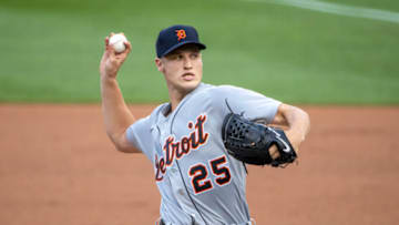 Jul 9, 2021; Minneapolis, Minnesota, USA; Detroit Tigers starting pitcher Matt Manning (25) delivers a pitch in the first inning against the Minnesota Twins at Target Field. Mandatory Credit: Jesse Johnson-USA TODAY Sports