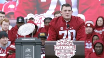 Jan 23, 2016; Tuscaloosa, AL, USA; Alabama offensive lineman Ryan Kelly (70) speaks to fans during a presentation to celebrate the victory in the CFP National Championship game at Bryant-Denny Stadium. Mandatory Credit: Butch Dill-USA TODAY Sports