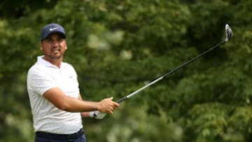 DUBLIN, OHIO - JULY 10: Jason Day of Australia plays his shot from the fifth tee during the second round of the Workday Charity Open on July 10, 2020 at Muirfield Village Golf Club in Dublin, Ohio. (Photo by Gregory Shamus/Getty Images)