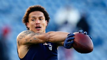 FOXBORO, MA - JANUARY 10: Brian Tyms #84 of the New England Patriots warms up before the 2014 AFC Divisional Playoffs game against the Baltimore Ravens at Gillette Stadium on January 10, 2015 in Foxboro, Massachusetts. (Photo by Jim Rogash/Getty Images)