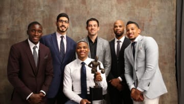 NEW YORK, NY - JUNE 26: Victor Oladipo, Ends Kanter, Nick Collison, Taj Gibson and Andre Roberson poses with Russell Westbrook of the Oklahoma City Thunder after receiving the Kia NBA Most Valuable Player Award at the NBA Awards Show on June 26, 2017 at Basketball City at Pier 36 in New York City, New York. NOTE TO USER: User expressly acknowledges and agrees that, by downloading and or using this photograph, user is consenting to the terms and conditions of Getty Images License Agreement. Mandatory Copyright Notice: Copyright 2017 NBAE (Photo by Michael J. LeBrecht II/NBAE via Getty Images)