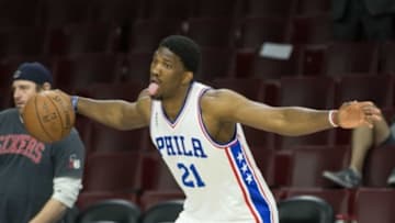 Apr 8, 2016; Philadelphia, PA, USA; Injured Philadelphia 76ers center Joel Embiid (21) practices prior to a game against the New York Knicks at Wells Fargo Center. The New York Knicks won 109-102. Mandatory Credit: Bill Streicher-USA TODAY Sports