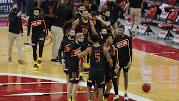 MADISON, WISCONSIN - DECEMBER 28: Members of the Maryland Terrapins celebrate a victory over the Wisconsin Badgers at Kohl Center on December 28, 2020 in Madison, Wisconsin. (Photo by Stacy Revere/Getty Images)